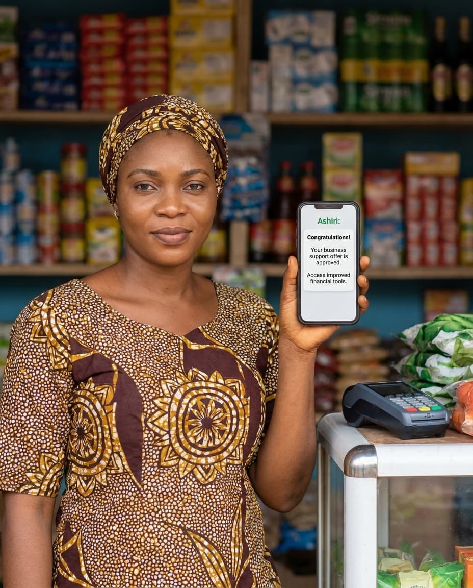 Nigerian market trader using Ashiri for daily thrift savings
