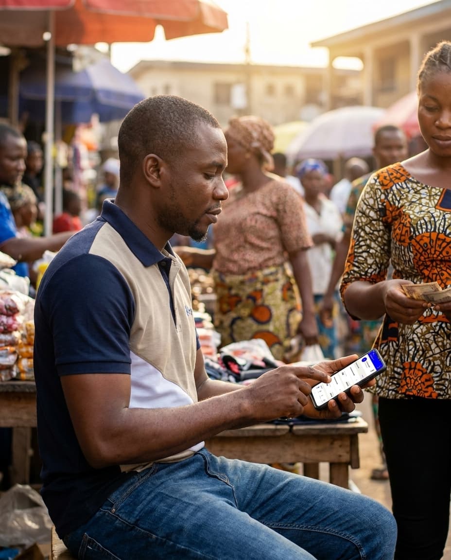 Nigerian market coordinator recording savings on Ashiri