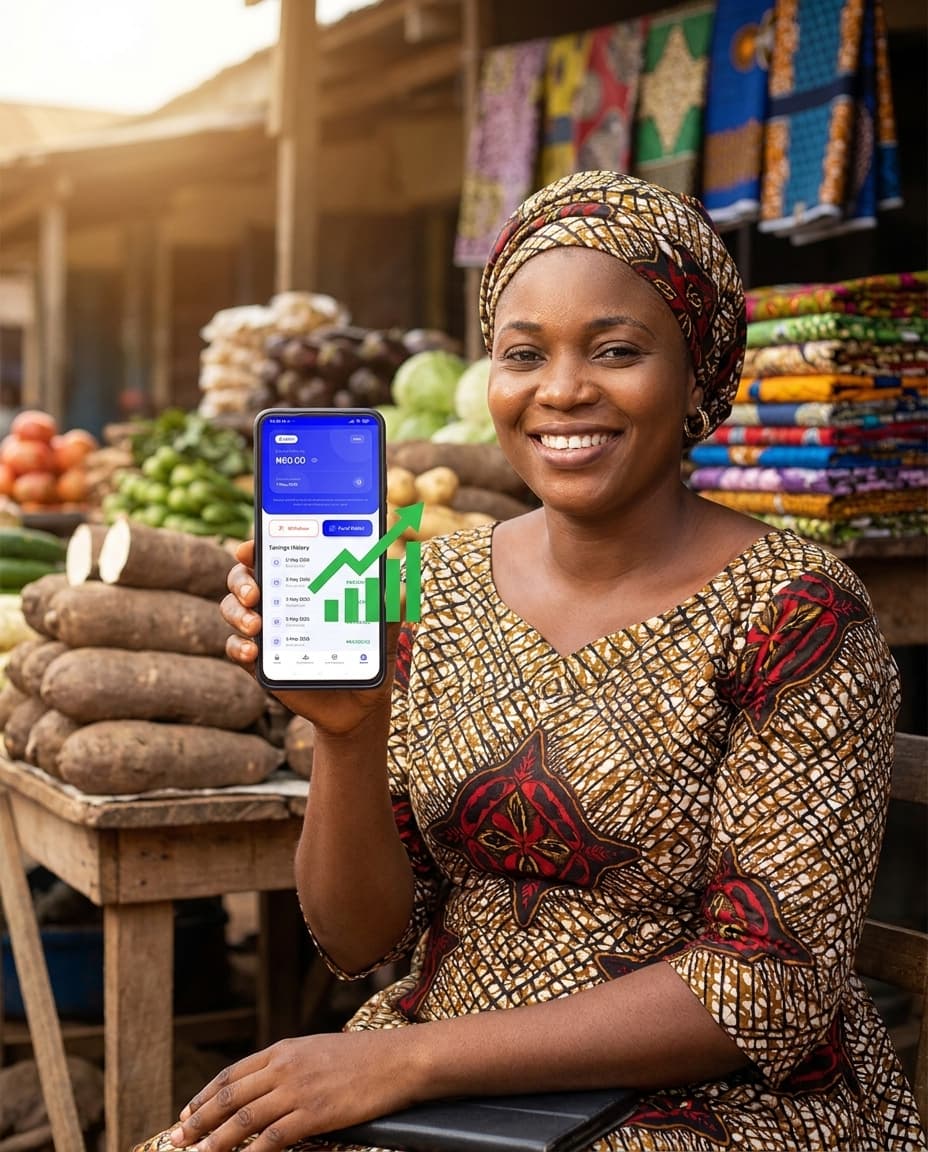 Nigerian market trader smiling while using Ashiri on her smartphone