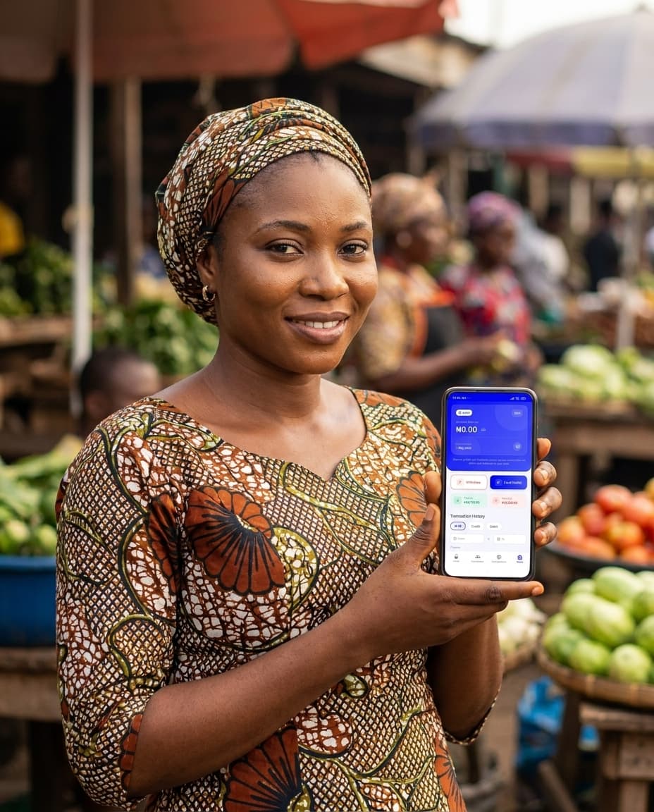 Nigerian market trader using Ashiri for daily thrift savings